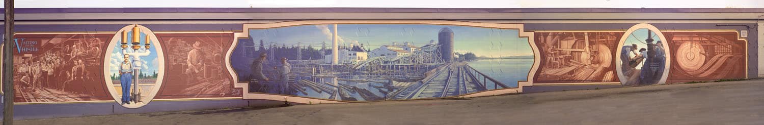 Colorful mural depicting waterfront scene.