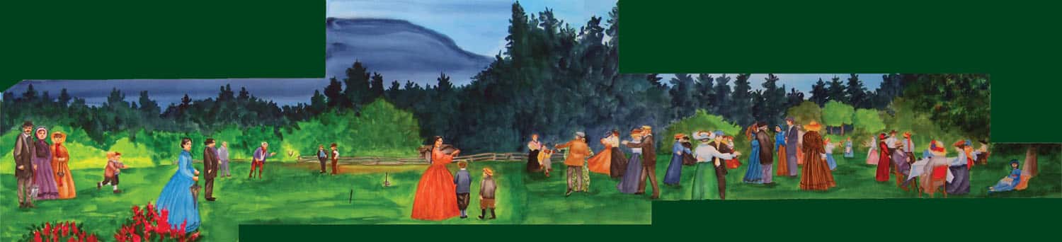 People dancing in a scenic outdoor setting.