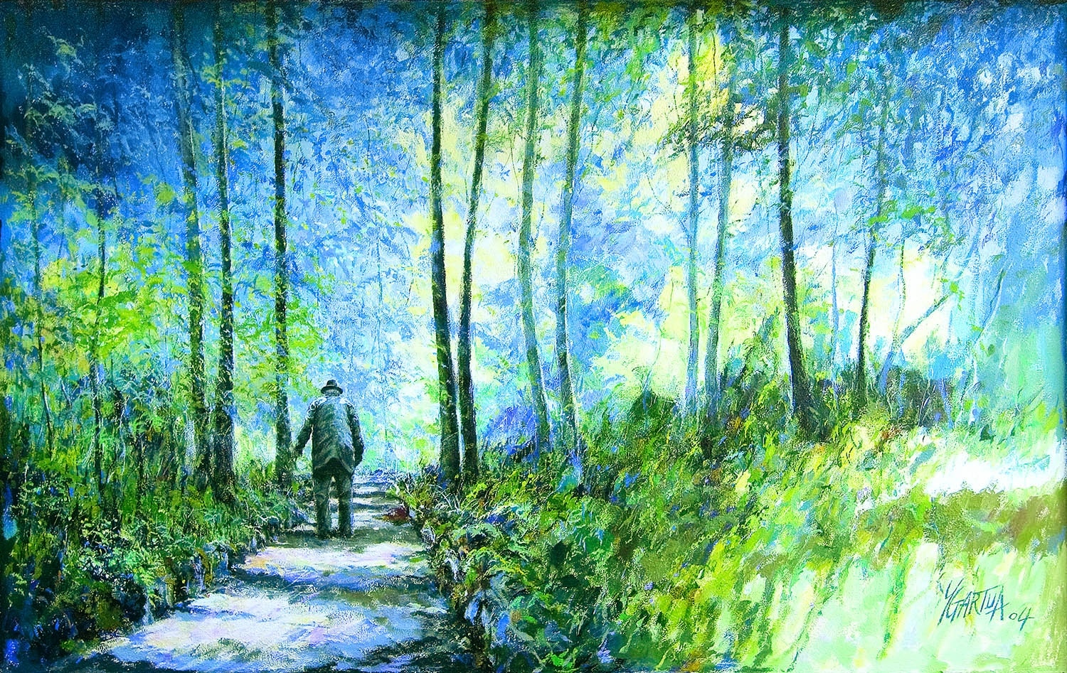 Solitary figure walking through vibrant forest