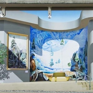 Colorful mural of trees and landscape.